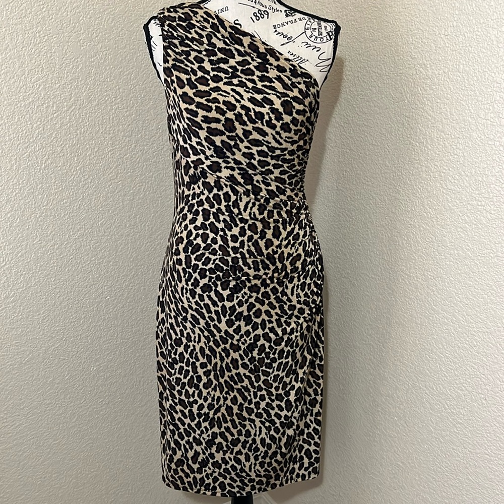 Ralph Lauren One Shoulder Draped Bodycon Leopard Midi Dress